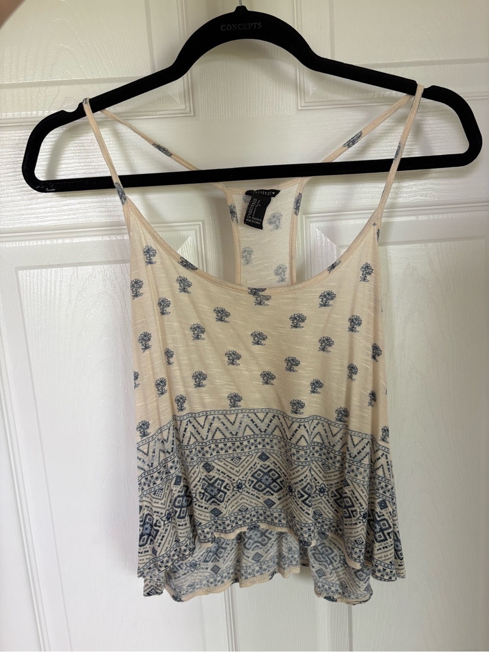 Forever 21 Cream and Blue Printed Spaghetti Strap Tank